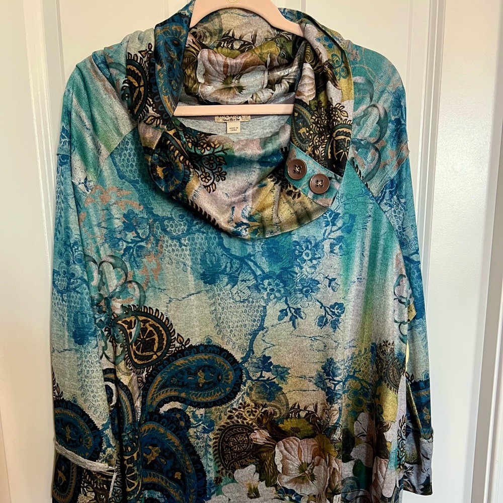 ONE WORLD Top with Blue and Green accents